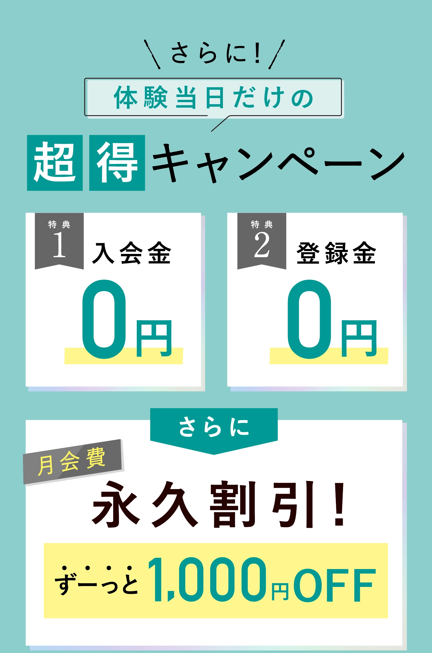 体験当日だけの超得キャンペーン　入会金0円　登録金0円 月会費永久割引ずーっと1,000円OFF